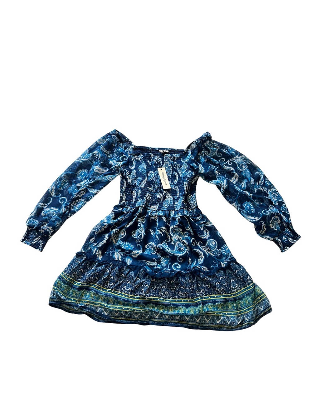 Smocked Navy Paisley Off-Shoulder Casual Dress